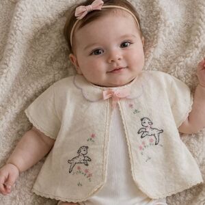 Vintage Embroidered Baby Cardigan Flannel Bed Jacket Lamb Floral Design Handmade